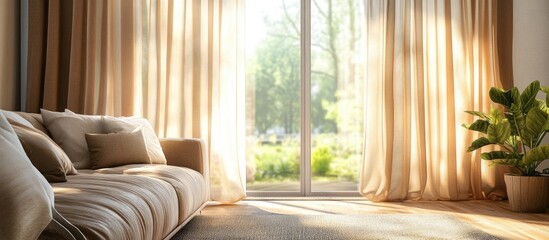 Poster - Cozy living room with light brown curtains framing a sunny outdoor scene enhancing warmth and tranquility in an inviting atmosphere