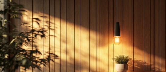 Poster - Minimalistic interior with loft-style pendant light illuminating wooden wall and potted plant creating a warm atmosphere