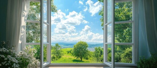 Poster - Modern dining area with giant ferns framing a scenic view through open windows, showcasing stylish interior design elements and vibrant nature.