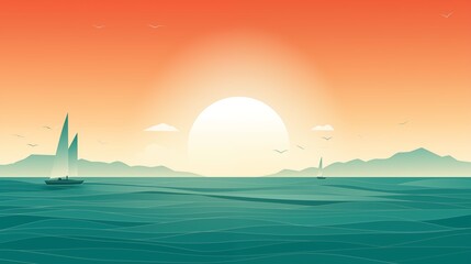 Wall Mural - Paper cut of a sunset over the ocean, backlighting, light yellow background,generative ai illustration