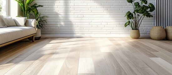 Poster - Light oak striped wood floor with bright white brick wall creating a modern and inviting interior design space with natural light