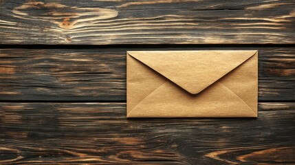 Poster - Brown envelope on rustic wooden background with ample copy space for text or creative content display in top view layout