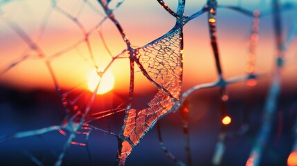 Poster - Sunset casts warm hues through shattered glass, highlighting intricate patterns against a colorful evening sky