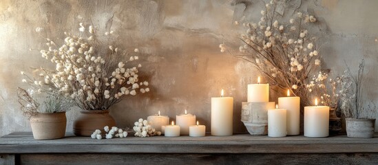 Poster - Rustic interior decor featuring lit candles and delicate dried flowers creating a warm and inviting atmosphere