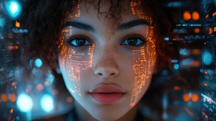 Poster - Cybersecurity Concept Woman in Digital World with AI Analysis of Cyber Threats and Data Privacy in Futuristic Cyberpunk Style