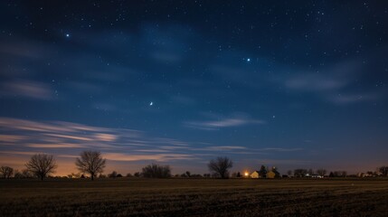 Wall Mural - A serene night sky filled with stars above a quiet rural scene with trees and a farmhouse.