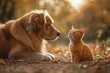 © jambulart - Golden dog and ginger kitten meet outdoors, autumn.