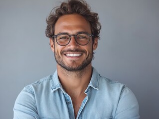 Wall Mural - A man with glasses is smiling and wearing a blue shirt