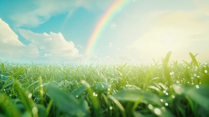 Wall Mural - A vibrant rainbow arching over a lush green field under a bright sky.