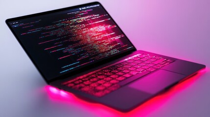 Laptop displaying lines of code with pink lighting.