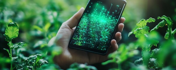 Poster - Futuristic smart farming, smartphone displaying realtime agricultural data, IoT connectivity, AIdriven tools enhancing productivity, vibrant and ultradetailed