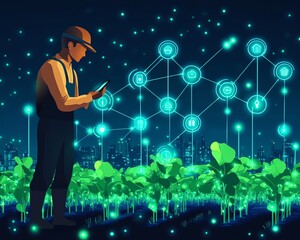 Aufkleber - Smart agriculture innovation, farmer monitoring crops with a smartphone, IoT icons lighting up the landscape, AI technology optimizing produce, professional and vibrant
