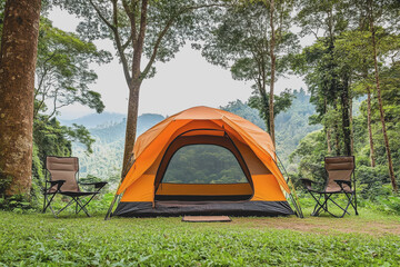 camping outdoors with lots of sunlight with one tent two outdoor camping chairs bbq rack..