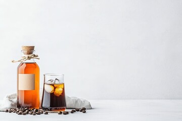 A bottle of amber liquid stands next to a glass filled with a dark drink and ice, surrounded by coffee beans on a light background.