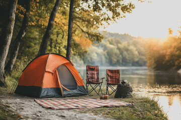 camping outdoors with lots of sunlight with one tent two outdoor camping chairs bbq rack..