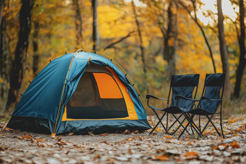 camping outdoors with lots of sunlight with one tent two outdoor camping chairs bbq rack..
