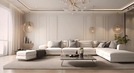 Wall Mural - Modern interior design of living room with white sofa coffee table stucco wall 3d animation rendering 4K