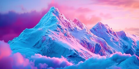 Poster - Mountain range with pink and blue clouds in the sky