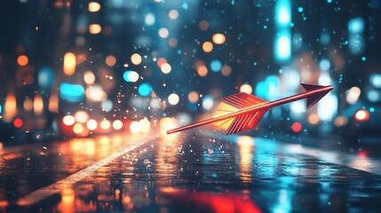 Wall Mural - a glowing arrow in a rainy urban setting, emphasizing motion and dynamic lighting.