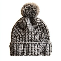 Wall Mural - Stylish knitted beanie hat with pom-pom, isolated on a white background.