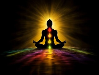 Wall Mural - Illustration of a meditating human with light rays and chakra activation in a spiritual context