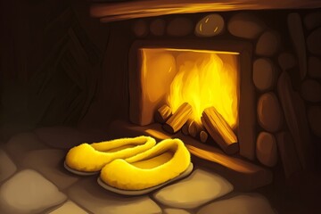 Wall Mural - A pair of yellow slippers by the fire creates a warm atmosphere, perfect for cozy home ideas to enhance the interior of house for relaxation.