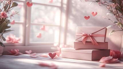 Wall Mural - Romantic gifts by window with hearts.