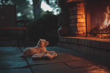 Wall Mural - A small dog rests by the fire, embodying cozy home ideas. Slippers by the fire add warmth to the inviting interior of the house, creating a peaceful atmosphere.