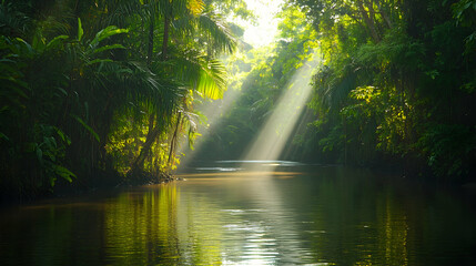 Wall Mural - A calm river flowing through a dense forest with rays of sunlight breaking through the canopy