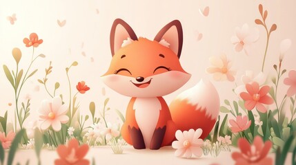 Wall Mural - Happy fox sitting in a flower garden.