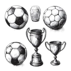 Hand-drawn soccer balls and trophies, perfect for sports graphics.