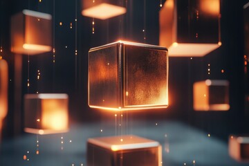 Poster - Floating illuminated cubes create a mesmerizing digital landscape in an abstract environment. Generative AI