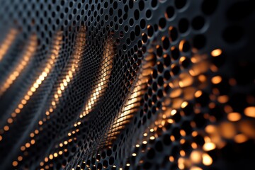 Poster - Intricate patterns of light dance through metal mesh in a captivating urban installation during the evening. Generative AI