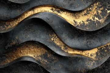 Poster - Intricate golden waves dance over dark textures, creating a striking contrast in modern design. Generative AI