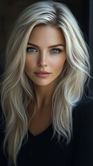 Wall Mural - Captivating portrait of a young woman with striking blue eyes and flowing blonde hair in soft natural light