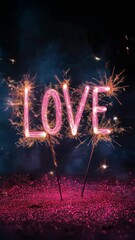 Poster - Light trails forming the word love emerge from moving sparklers, illuminating the dark night with a warm, golden glow