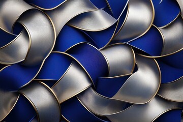 Poster - Elegant intertwining waves of silver and deep blue fabric create a mesmerizing textile design in this intricate composition. Generative AI