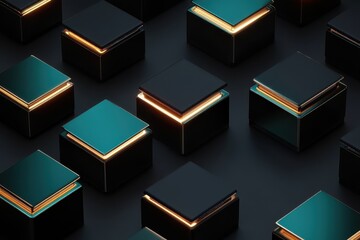Poster - Exploration of illuminated geometric forms creating a captivating visual rhythm in a dark environment. Generative AI