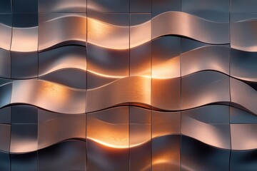 Poster - Flowing metallic waves create a stunning interplay of light and shadow in a modern architectural facade. Generative AI