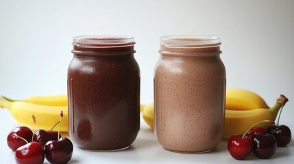 Wall Mural - Cherry banana smoothie jars with fresh cherries on a bright background