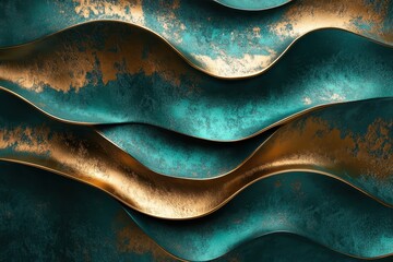Poster - Waves of textured turquoise and shimmering gold create an artistic play of light and shadow in a captivating design. Generative AI