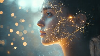 Poster - Abstract concept of a woman with a network of light connections, depicting themes of connectivity, neural networks, and the complexity of the human mind, HD image