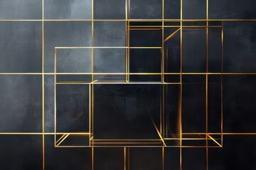 Poster - Contemporary geometric overlay creates captivating visual depth against a dark backdrop with golden lines. Generative AI