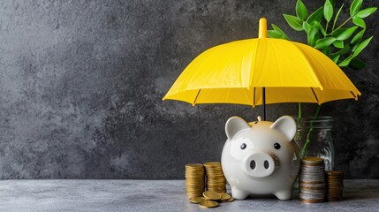 A piggy bank under a yellow umbrella surrounded by coins, symbolizing financial security.