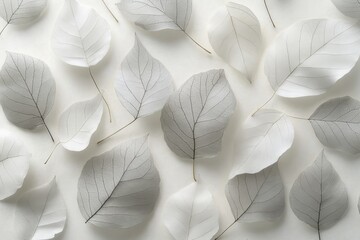 Poster - Delicate arrangement of translucent leaves showcasing natural beauty in soft white tones on a serene surface background. Generative AI