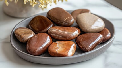 Poster - Elegant collection of polished brown stones arranged on a decorative plate with soft natural lighting and subtle ambiance.