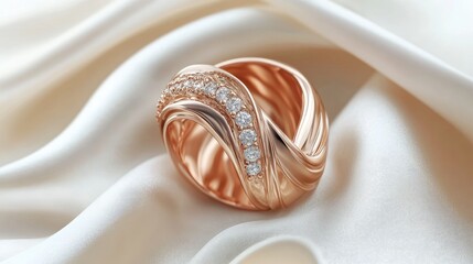 Poster - Elegant rose gold fabric with soft waves featuring a luxurious diamond-adorned ring displayed beautifully on a smooth surface