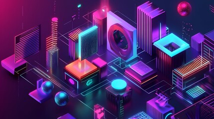 Aufkleber - Abstract Neon Cityscape Geometric Structures Design