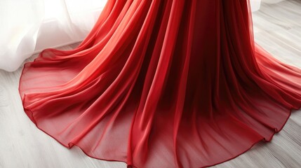 Poster - Elegant red silk and chiffon fabric draping beautifully on a textured surface for fashion or interior design concepts