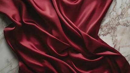Poster - Elegant rich red satin fabric elegantly draped on a marble surface creating a luxurious textured background for design projects